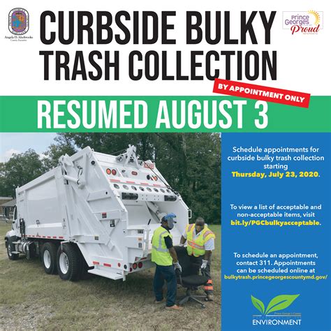 Contact information for ondrej-hrabal.eu - PGC Bulky Trash Collection Website. Prince George's County offers bulky trash collection by appointment only. To schedule a bulky trash pickup, call (301) 883-4748 or complete the online scheduling form using the link above. 
